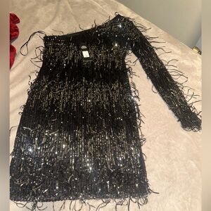 One sleeve sequin mini black dress